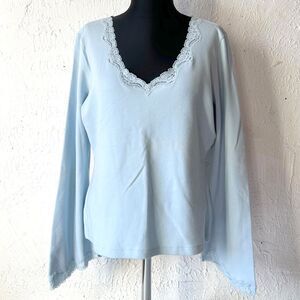 Express Lace Trim Stretch Knit Top Women's XL Light Blue V Neck Long Sleeve